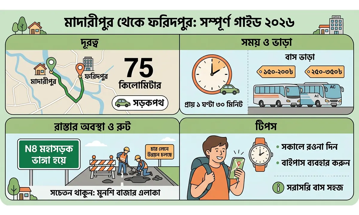 মাদারীপুর থেকে ফরিদপুর কত কিলোমিটার ২০২৬ সালের সঠিক তথ্য